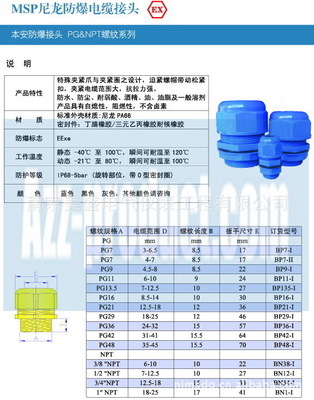 【藍色 本安防爆尼龍電纜接頭】價格,廠家,圖片,直通、接頭,南京美盛電氣儀表工程-